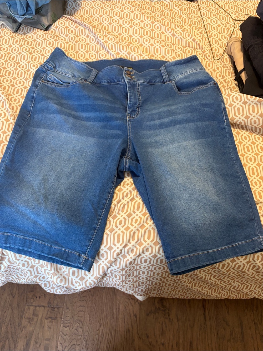 Royalty For Me Denim Bermuda Shorts - Blue with Bronze Buttons
